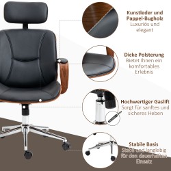 Ergonominen työtuoli kotitoimistoon, keinonahka ja koivuviilu, korkea selkänoja, irrotettava niskatuki, musta+pähkinä