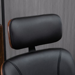 Ergonominen työtuoli kotitoimistoon, keinonahka ja koivuviilu, korkea selkänoja, irrotettava niskatuki, musta+pähkinä