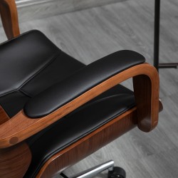 Ergonominen työtuoli kotitoimistoon, keinonahka ja koivuviilu, korkea selkänoja, irrotettava niskatuki, musta+pähkinä