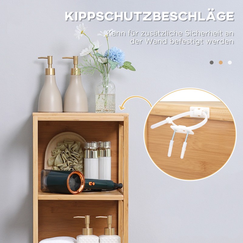 Kylpyhuonekaappi bambu 3 hyllyä 2 laatikkoa 30 x 30 x 140 cm luonnonpuu