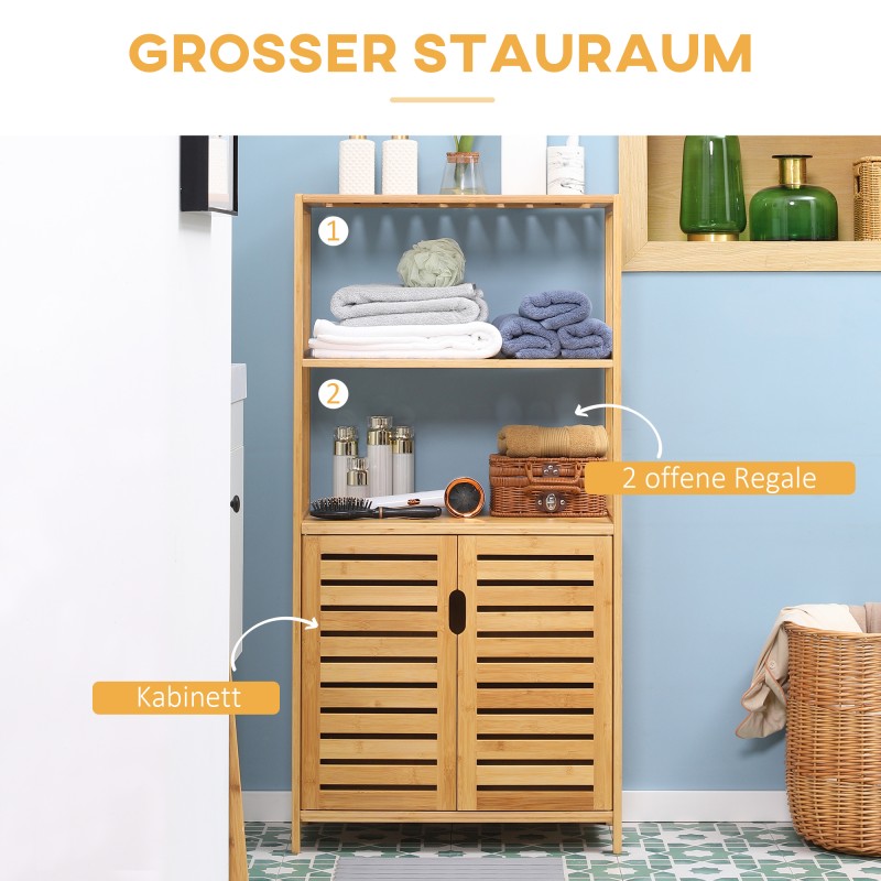 Kylpyhuonekaappi bambusta, kapea korkea säilytyskaappi lamelliovilla 60 x 30 x 120 cm, luonnollinen bambunsävy