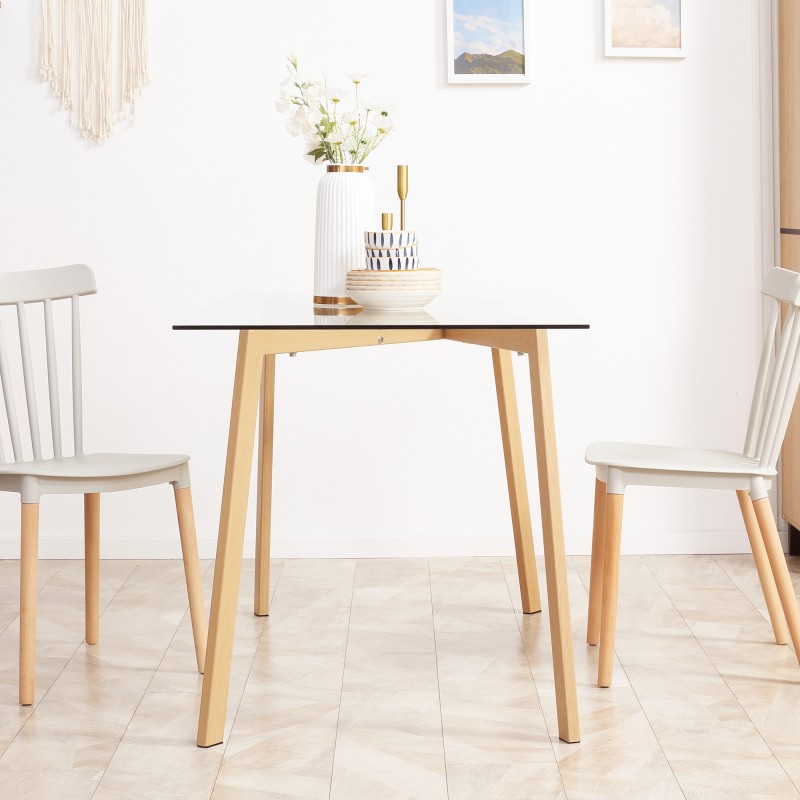 Ruokapöytä 4 hengelle, karkaistu lasikansi, teräsrunko puun sävyllä, 120 x 60 x 76 cm