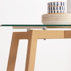 Ruokapöytä 4 hengelle, karkaistu lasikansi, teräsrunko puun sävyllä, 120 x 60 x 76 cm