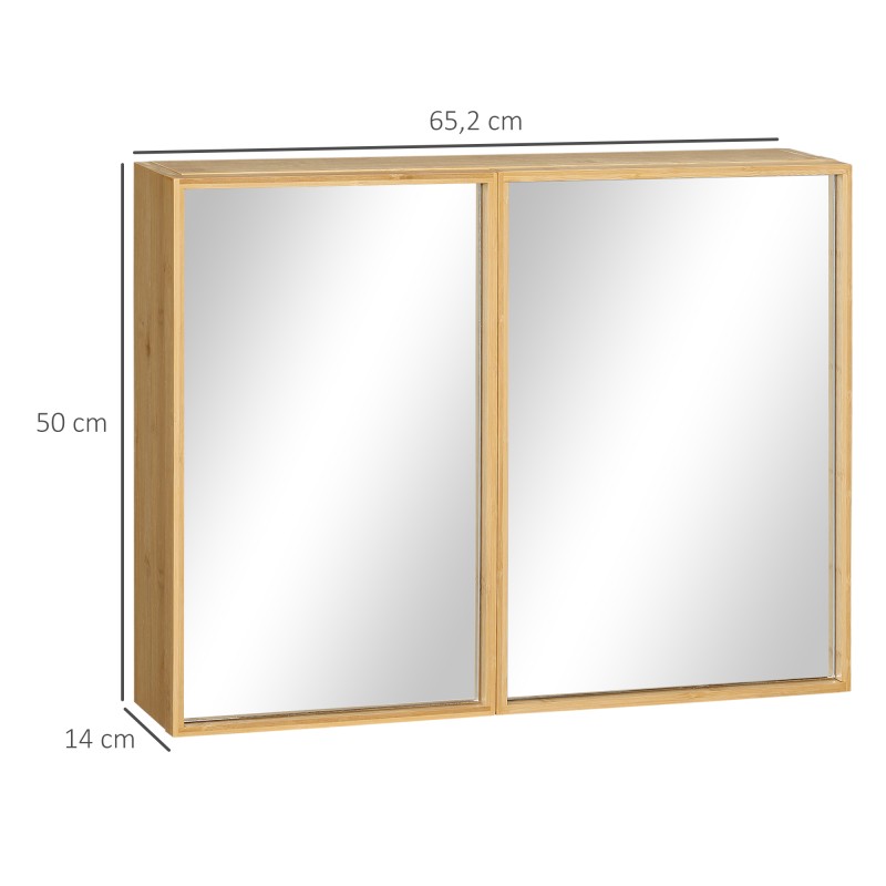 Kylpyhuoneen seinään asennettava bambuinen peilikaappi, useat hyllyt, 65,2 x 14 x 50 cm, natur