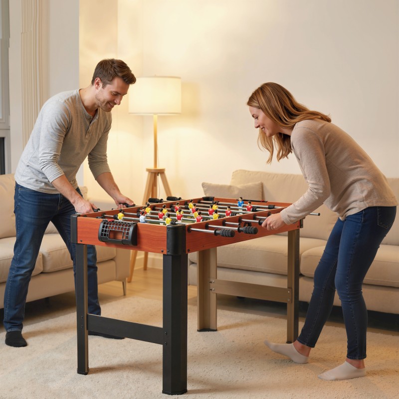 Jalkapallopelipöytä nuorille ja aikuisille, MDF ja metalli, 118 x 104 x 69 cm, 2 palloa, ruskea/musta