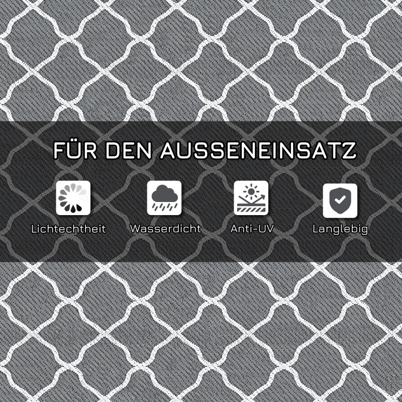 Ulkomatto campingiin ja terassille, säänkestävä polypropeeni 182 x 274 cm, harmaa-valkoinen verkkokuvio