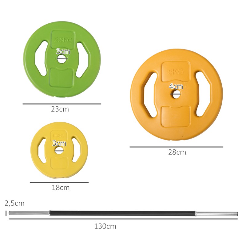 Säädettävä käsipainosetti 20 kg, pitkätanko ja painolevyt, metalli/keinonahka, monivärinen