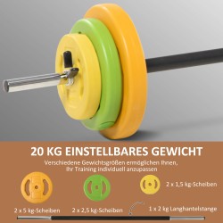 Säädettävä käsipainosetti 20 kg, pitkätanko ja painolevyt, metalli/keinonahka, monivärinen