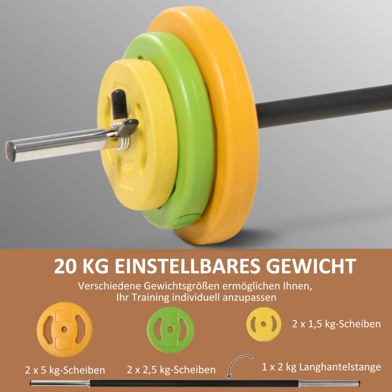 Säädettävä käsipainosetti 20 kg, pitkätanko ja painolevyt, metalli/keinonahka, monivärinen