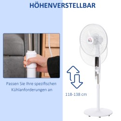 Lattiatason standventilaattori 3 nopeutta 3 tilaa ajastin kaukosäädin 45 x 42 x 118–138 cm valkoinen