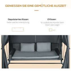 Ulkokeinu lepotaso kahdelle, PE-rottinki, teräsrunko, katos ja verhot, 235 x 180 x 210 cm, harmaa