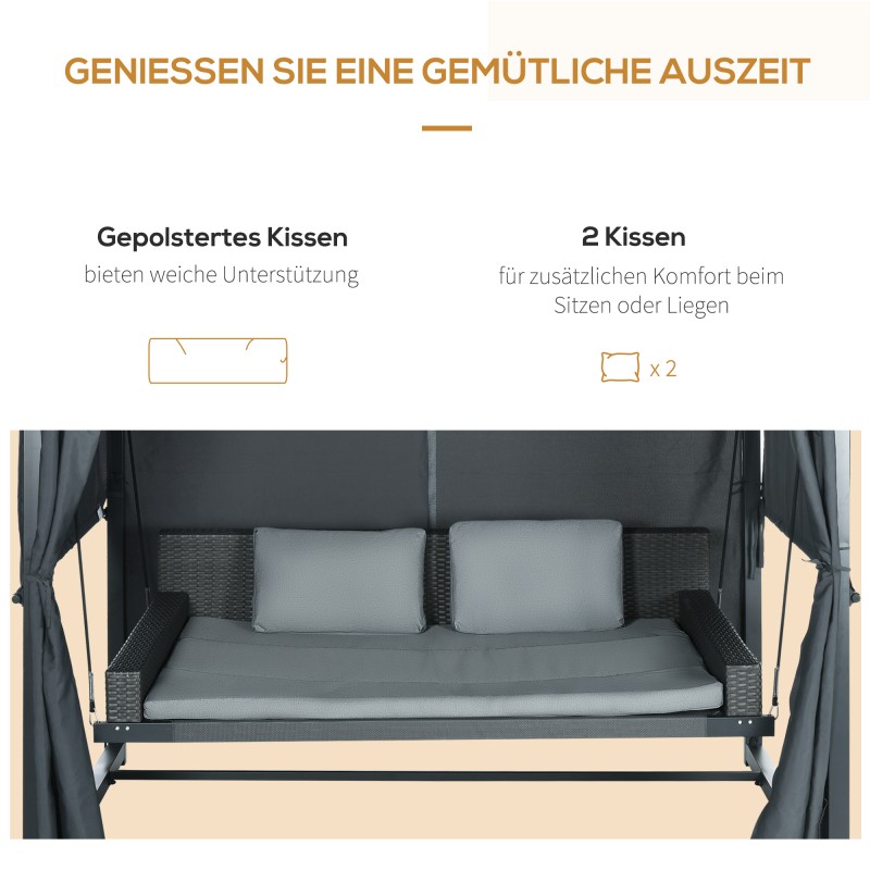 Ulkokeinu lepotaso kahdelle, PE-rottinki, teräsrunko, katos ja verhot, 235 x 180 x 210 cm, harmaa