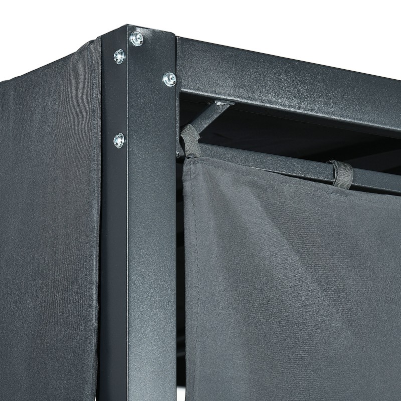 Ulkokeinu lepotaso kahdelle, PE-rottinki, teräsrunko, katos ja verhot, 235 x 180 x 210 cm, harmaa