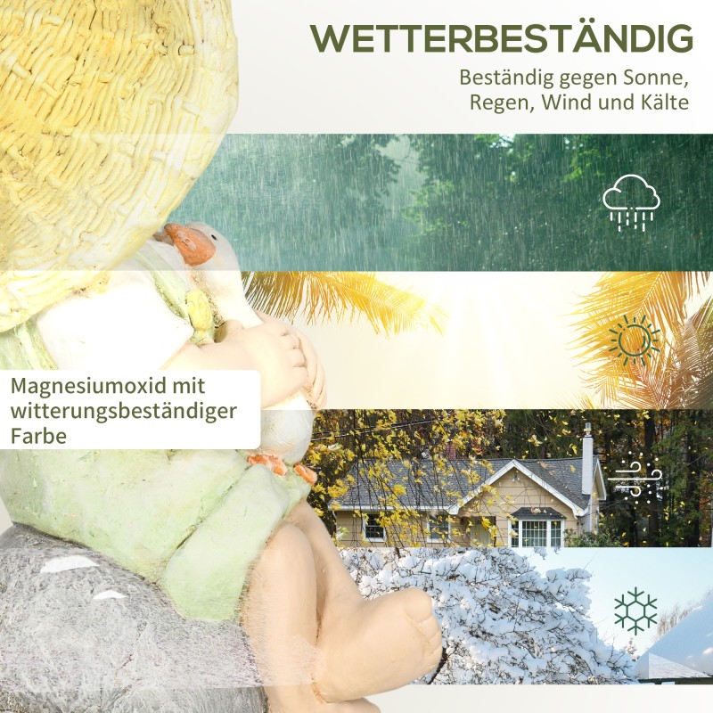 Puutarhapatsas pieni poika olkihatulla ja ankalla, magnesiumoksidi, säänkestävä, 23,5 x 25 x 43 cm, monivärinen