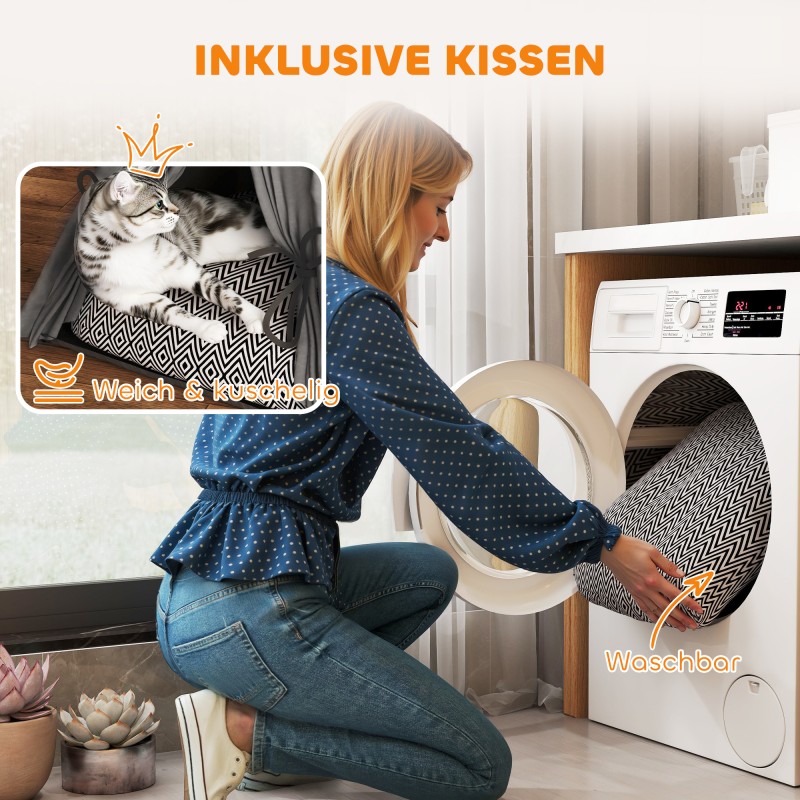 Lemmikkien tipi-peti kissoille ja pienille koirille, puurunko, pestävä tyyny, 60 x 60 x 76 cm, harmaa