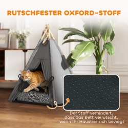 Lemmikkien tipi-peti kissoille ja pienille koirille, puurunko, pestävä tyyny, 60 x 60 x 76 cm, harmaa