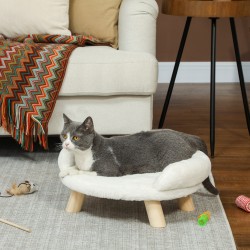 Lemmikkisänky kissalle ja pienelle koiralle, plyyshi, puujalat, 47 x 40 x 20 cm, kermanvalkoinen