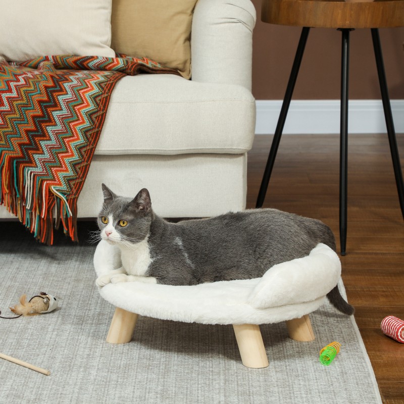 Lemmikkisänky kissalle ja pienelle koiralle, plyyshi, puujalat, 47 x 40 x 20 cm, kermanvalkoinen