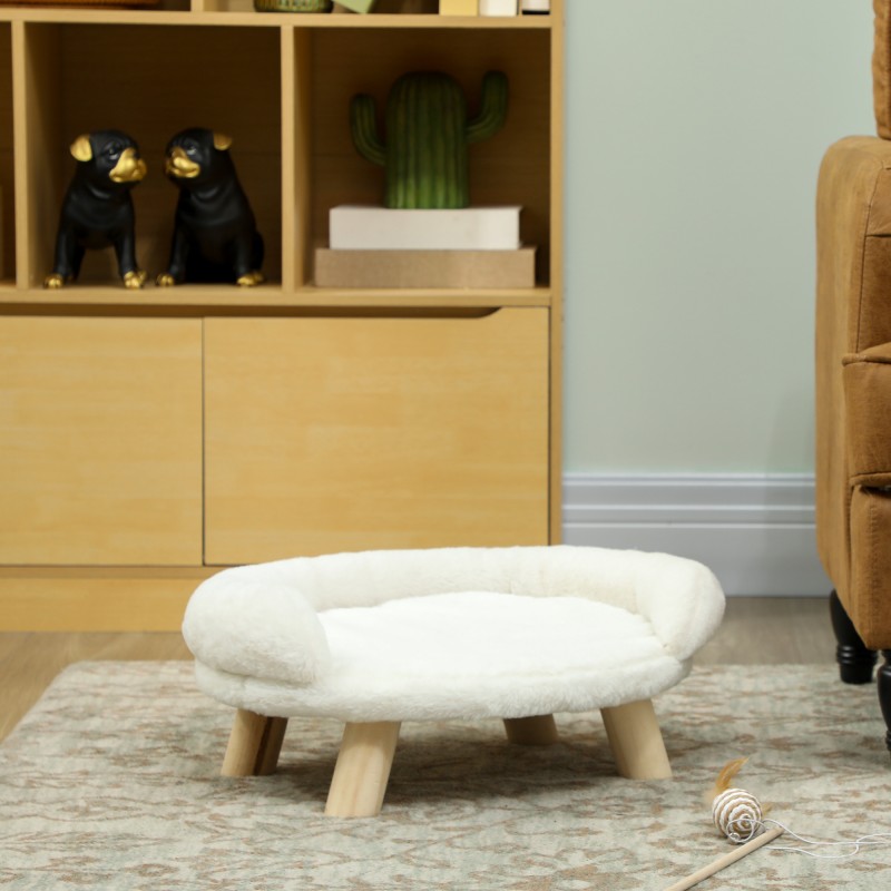 Lemmikkisänky kissalle ja pienelle koiralle, plyyshi, puujalat, 47 x 40 x 20 cm, kermanvalkoinen