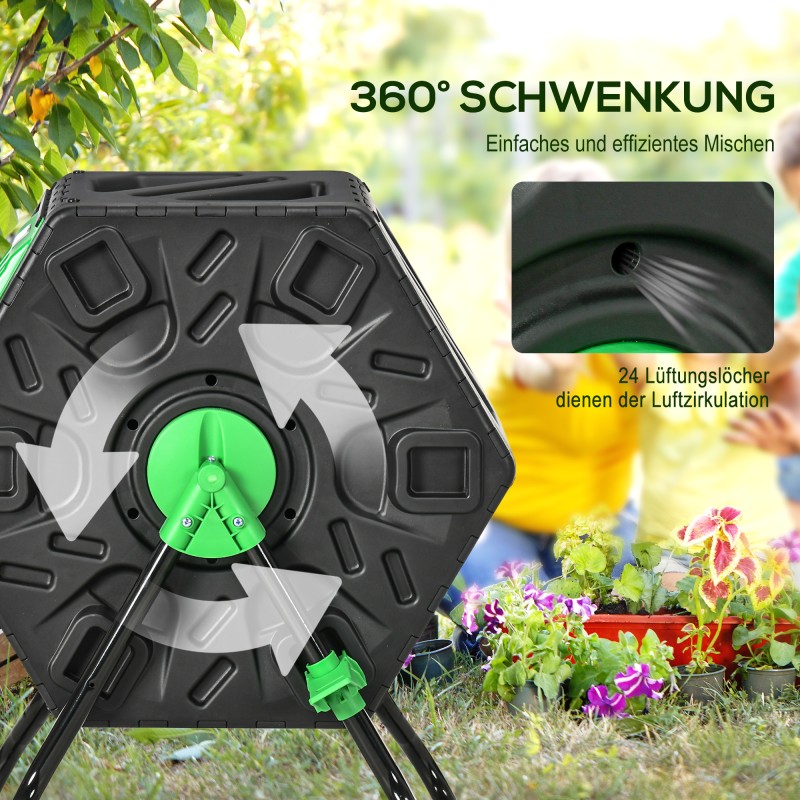 Kompostori ulkokäyttöön, pyörivä rumpumalli, teräs ja muovi, 65 l, vihreä/musta