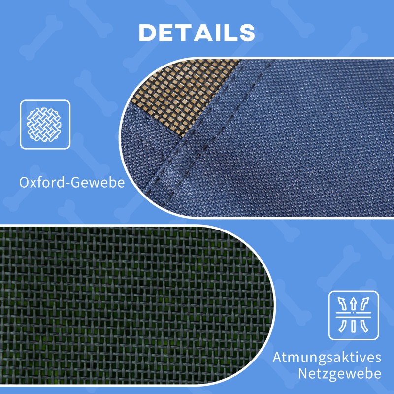 Koiran ulkosänky katoksella, korotettu ja taitettava, metalli/Oxford-verkko, 92 x 76 x 90 cm, sininen/musta