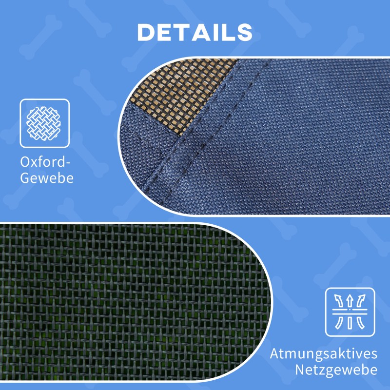 Koiran ulkosänky katoksella, metallirunko ja verkkokangas, 122 x 92 x 108 cm, sininen/musta