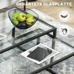 Sohvapöytäsetti 2 kpl, karkaistu lasi ja jauhemaalattu teräs, suorakaide, musta ja läpinäkyvä