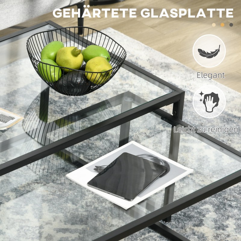 Sohvapöytäsetti 2 kpl, karkaistu lasi ja jauhemaalattu teräs, suorakaide, musta ja läpinäkyvä