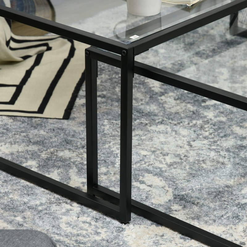 Sohvapöytäsetti 2 kpl, karkaistu lasi ja jauhemaalattu teräs, suorakaide, musta ja läpinäkyvä