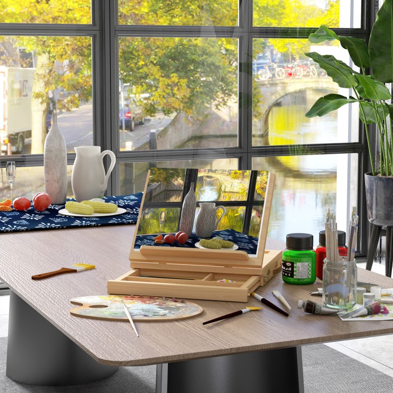 Pöytämallinen maalausteline vetolaatikolla, 3 lokeroa, säädettävä, massiivipyökki, natur