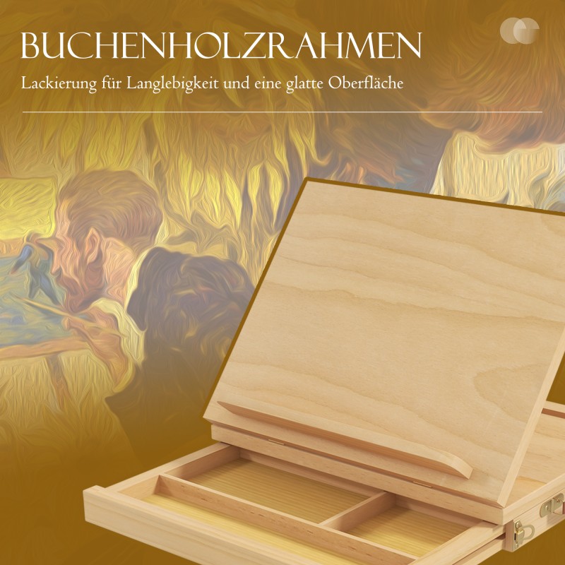 Pöytämallinen maalausteline vetolaatikolla, 3 lokeroa, säädettävä, massiivipyökki, natur