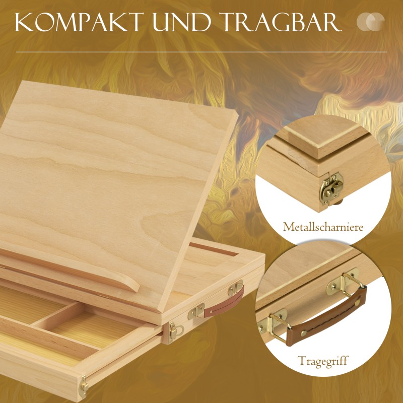 Pöytämallinen maalausteline vetolaatikolla, 3 lokeroa, säädettävä, massiivipyökki, natur