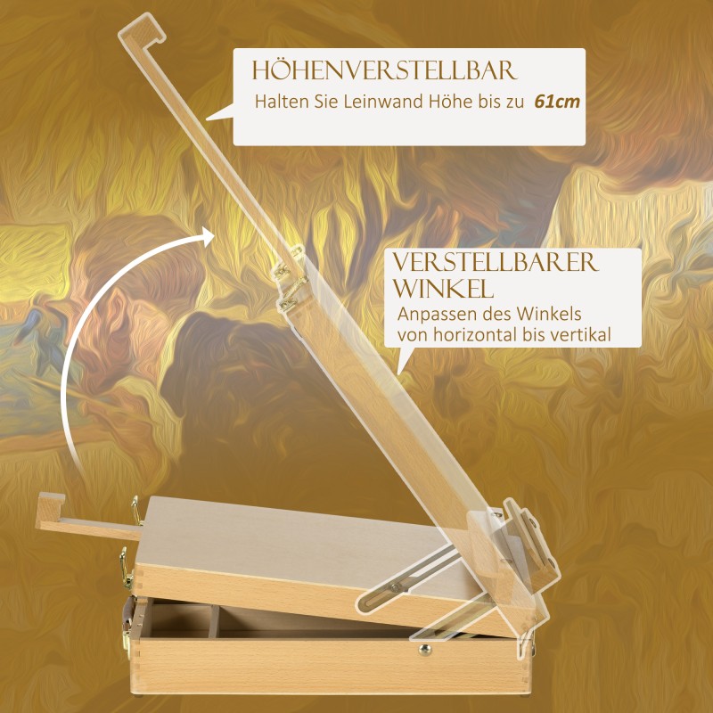 Pöytämallinen maalausteline säilytyslaatikolla, pyökkiä, taittuva, max 61 cm, luonnonväri