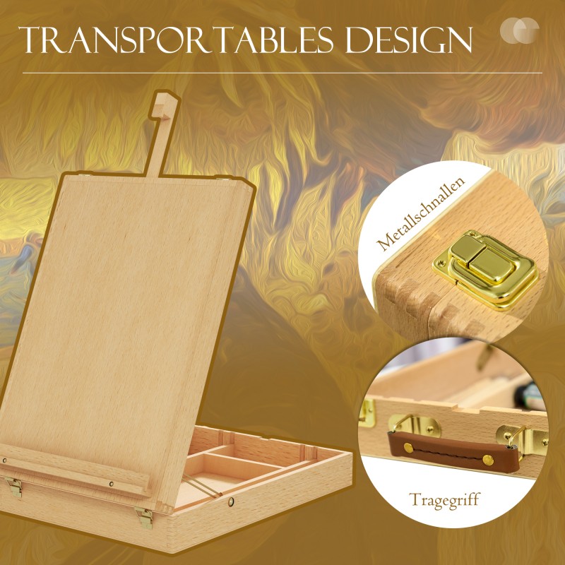 Pöytämallinen maalausteline säilytyslaatikolla, pyökkiä, taittuva, max 61 cm, luonnonväri