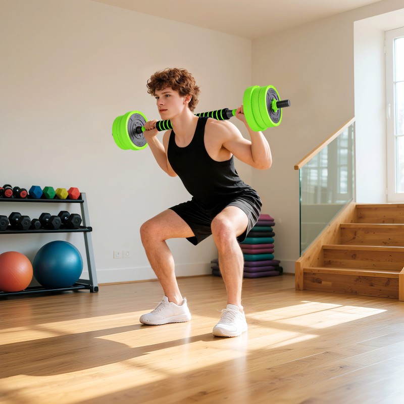 4-in-1 säädettävä painosarja 20 kg, käsipainot, levytanko, kahvakuula ja punnerruskahvat, vihreä