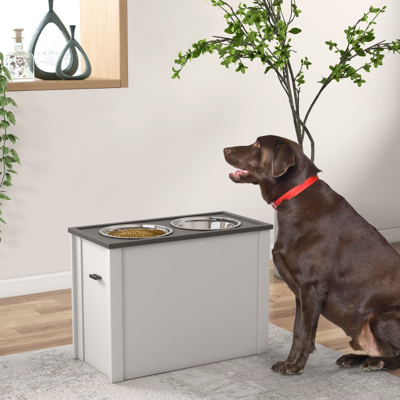 Koiran korotettu ruokailuteline säilytystilalla, 2 teräskuppia 2 L, 60 x 30 x 42 cm, valkoinen/harmaa