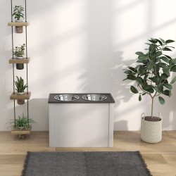 Koiran korotettu ruokailuteline säilytystilalla, 2 teräskuppia 2 L, 60 x 30 x 42 cm, valkoinen/harmaa