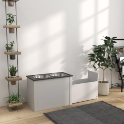 Koiran korotettu ruokailuteline säilytystilalla, 2 teräskuppia 2 L, 60 x 30 x 42 cm, valkoinen/harmaa