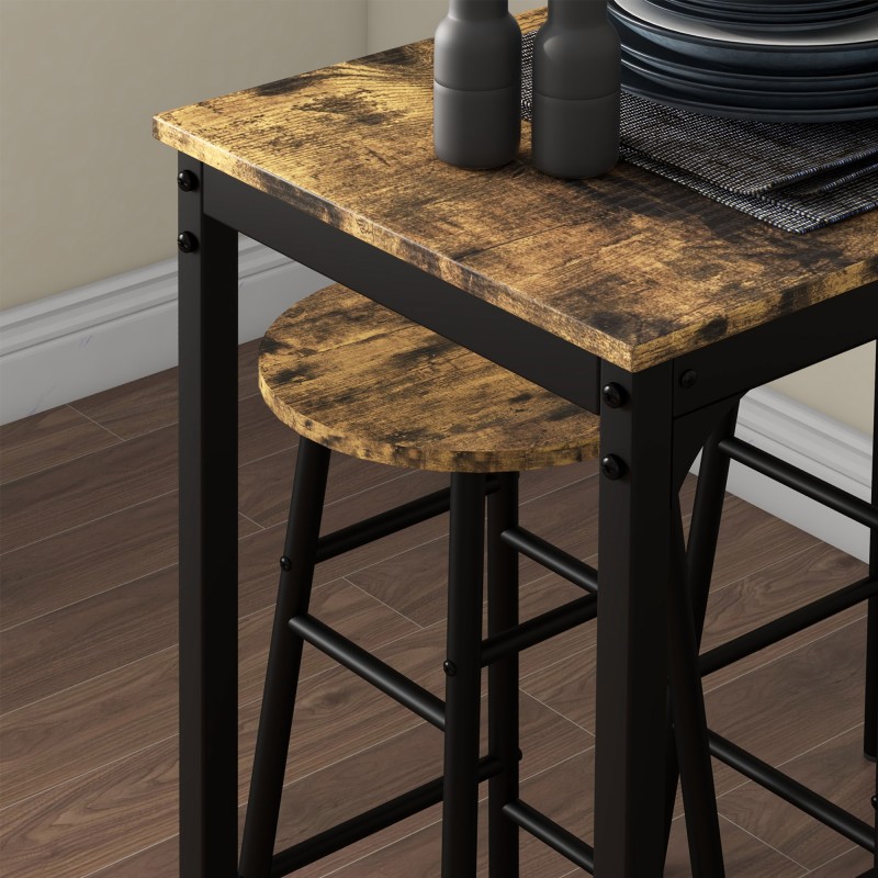 Baaripöytä ja 2 barjakkaraa, teollinen tyyli, MDF ja teräs, 3-osainen setti, ruskea/musta