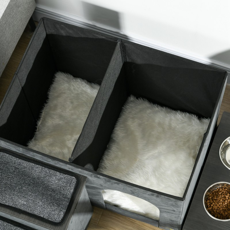 Kissan ja pienen koiran lemmikkitalo rapuilla ja ruokakipoilla 70 x 50 x 51,5 cm harmaa