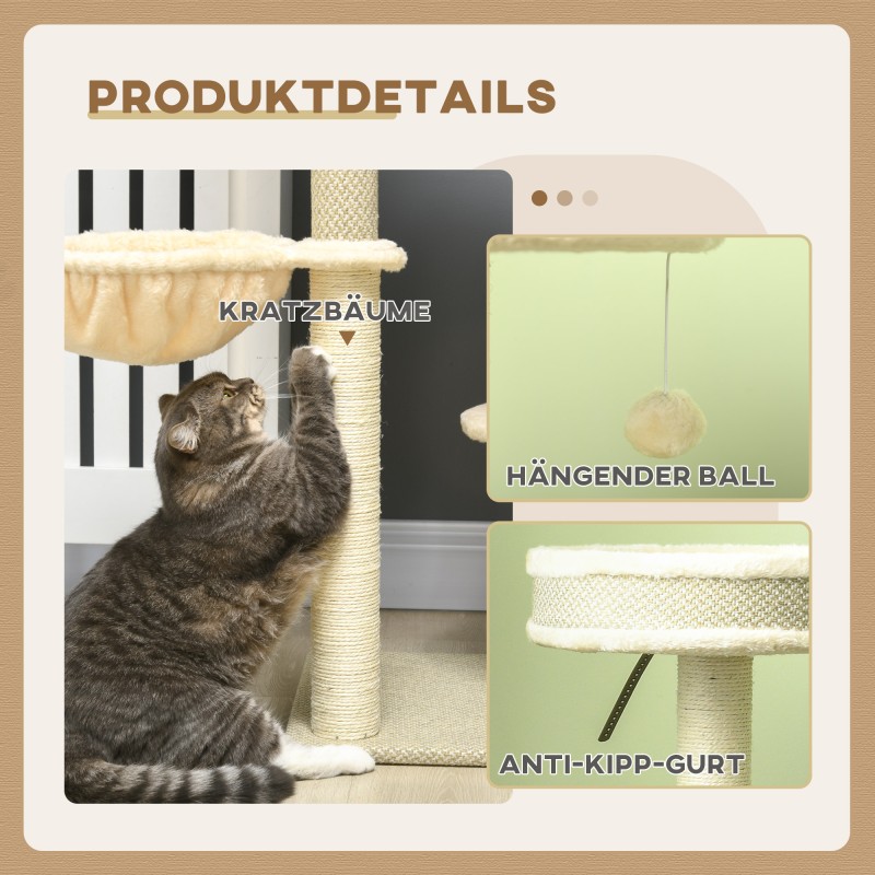 Kissan kiipeily- ja raapimispuu 1–2 kissalle, sisal, 59 x 40 x 124 cm, beige