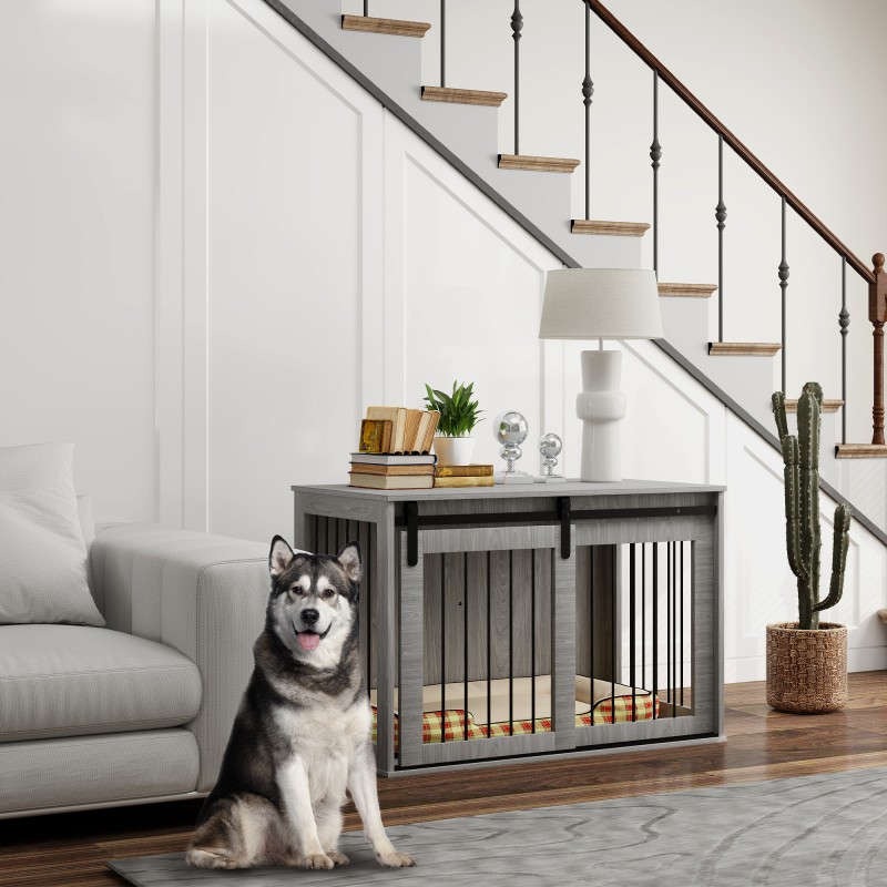 Koiran sisähäkki liukuovella lastulevyä ja terästä 98 x 58 x 61 cm harmaa