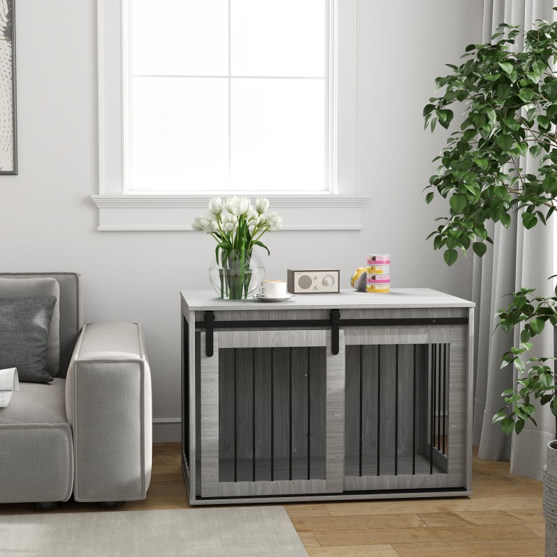 Koiran sisähäkki liukuovella lastulevyä ja terästä 98 x 58 x 61 cm harmaa