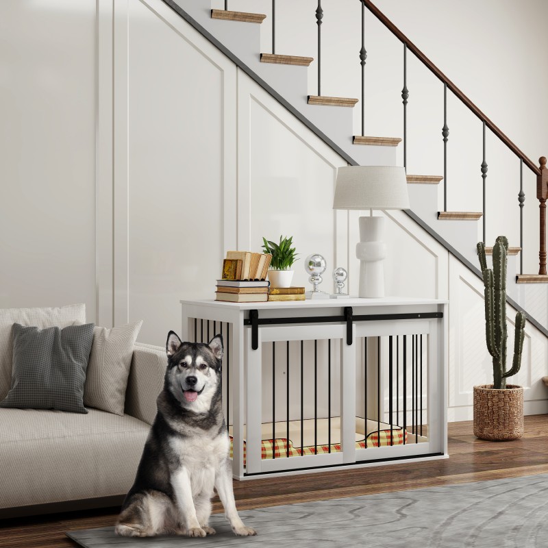 Koiran sisähäkki liukuovella, lastulevy ja teräs, suurille koirille, 98 x 58 x 61 cm, valkoinen/pähkinä