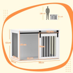 Koiran sisähäkki liukuovella, lastulevy ja teräs, suurille koirille, 98 x 58 x 61 cm, valkoinen/pähkinä