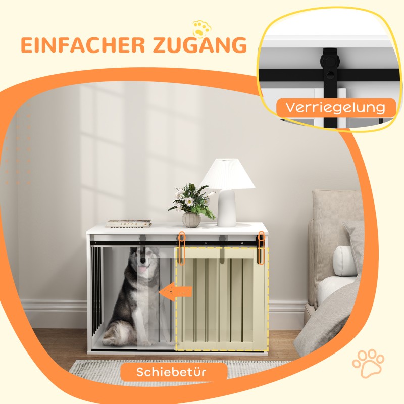 Koiran sisähäkki liukuovella, lastulevy ja teräs, suurille koirille, 98 x 58 x 61 cm, valkoinen/pähkinä