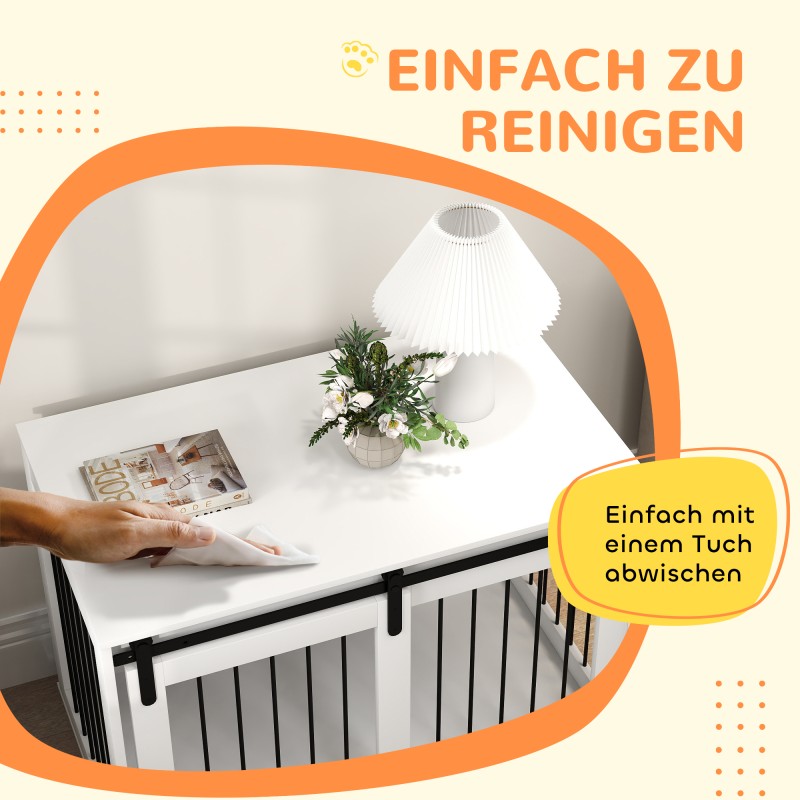 Koiran sisähäkki liukuovella, lastulevy ja teräs, suurille koirille, 98 x 58 x 61 cm, valkoinen/pähkinä