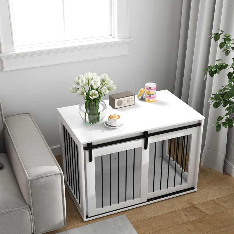 Koiran sisähäkki liukuovella, lastulevy ja teräs, suurille koirille, 98 x 58 x 61 cm, valkoinen/pähkinä