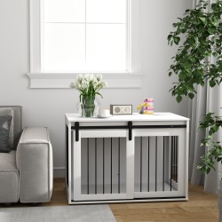 Koiran sisähäkki liukuovella, lastulevy ja teräs, suurille koirille, 98 x 58 x 61 cm, valkoinen/pähkinä