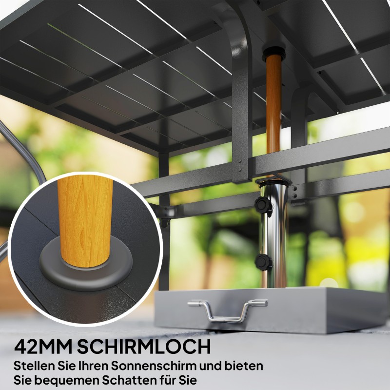 Ulkopöytä terästä 150 x 90 cm, 6 hengelle, lamellikansi ja aurinkovarjon reikä, musta